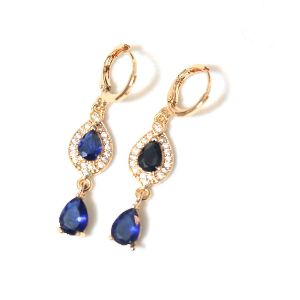 💧18K Gold Filled 1.7'' Waterdrop Blue Sapphire Topaz Earrings💧